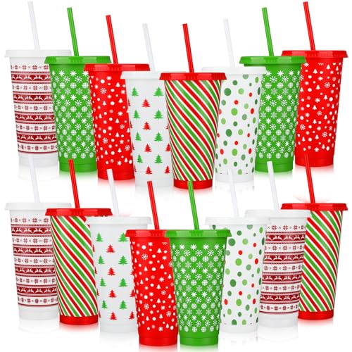 Maxcheck 18 Pack Christmas Tumblers with Straw and Lid 24 oz Plastic Cups