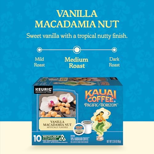 Kauai Coffee Vanilla Macadamia Nut K-Cup Pods - 6-Pack of 10, Medium Roast, Recyclable, Hawaiian Flavor