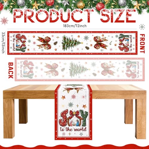 Christmas Table Runner,Jesus Joy to The World Table Runner,Bow and Christmas Tree Tabletop Cover,Red Xmas Seasonal Winter Holiday Tabletop Decorations for Home Indoor Kitchen Dining