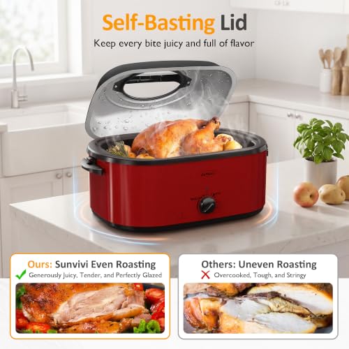 Sunvivi Red 28QT Electric Roaster Oven with Buffet Server for Large Turkey