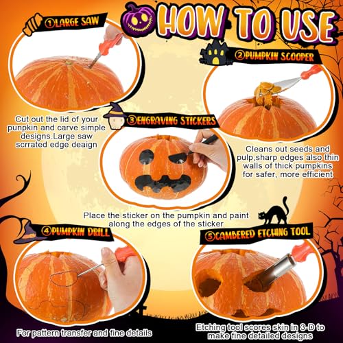 Orange Halloween Pumpkin Carving Kit - 6 Sets with Tools, Stickers & Lights