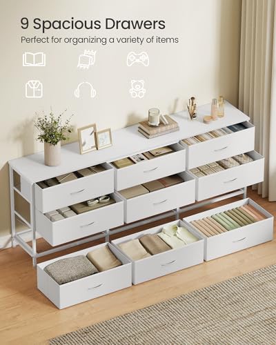 Dresser with 9 Fabric Drawers and TV Stand for Up to 70 Inch TVs - Cloud White, 13.8"D x 68.4"W x 26.8"H