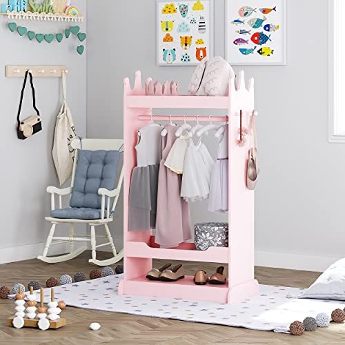 Kids Pink Dress Up Storage Closet with Crown Top & Mirror - Toddler Wardrobe