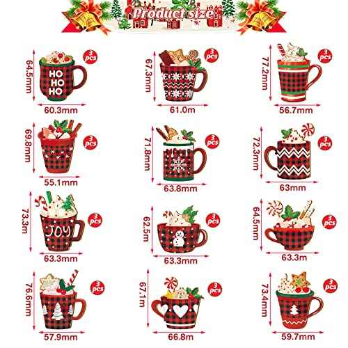 BBTO 36 Pieces Christmas Ornaments Hot Cocoa Wood Buffalo Plaid Coffee Mug with Rope Red Black Hanging Decoration Bar Xmas for Tree Home