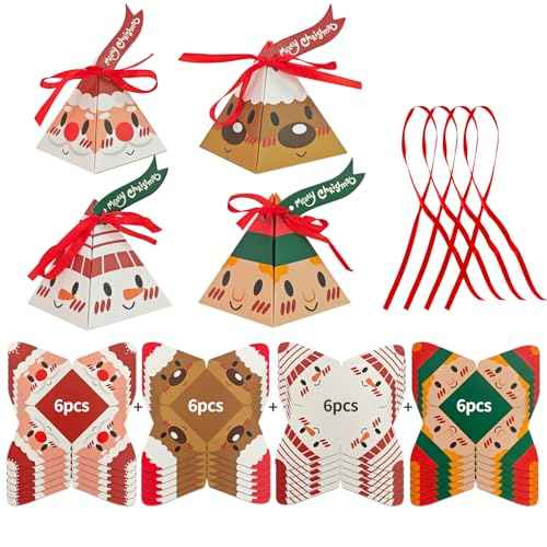 24PCS Candy Boxes, 4 Styles Treat Gift Boxes with Ribbon - Xmas Paper Boxes for Party Supplies