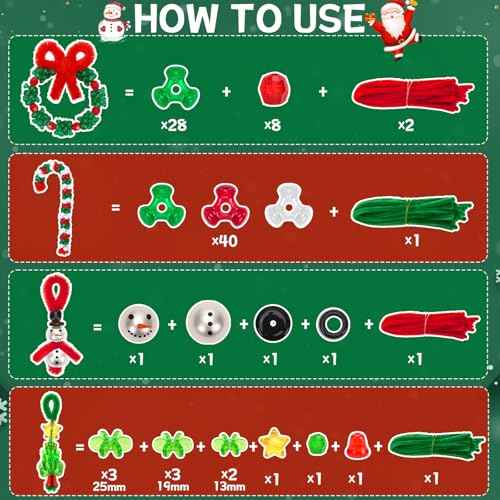 UPINS Christmas Beaded Ornament Kit, 52 Set Christmas Beaded Crafts Ornament Kit Mini Tree Snowman Candy Cane Wreath Make DIY Accessories for Hanging Wreath Cane Jewelry Making