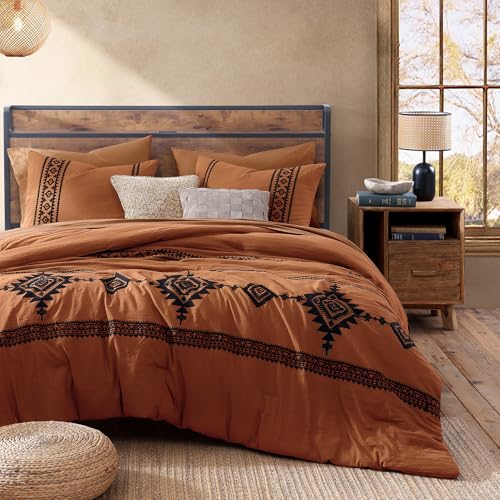 MaiRêve Burnt Orange Queen Embroidery Comforter Set 7 Pieces Bed in a Bag