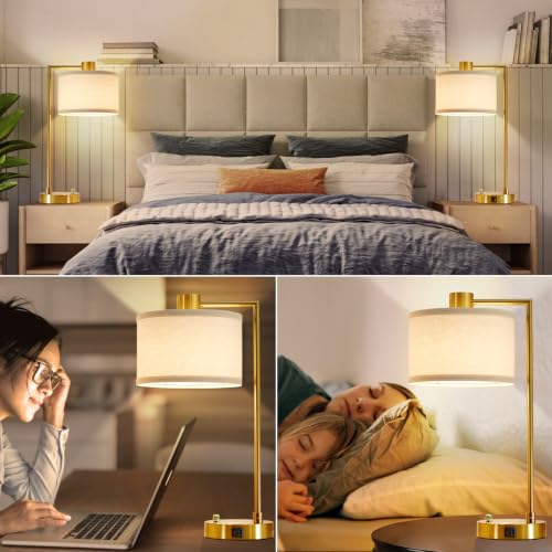 Gold Dimmable Table Lamp Set of 2 with USB-C & A Charging, Bedside Nightstand Lamps