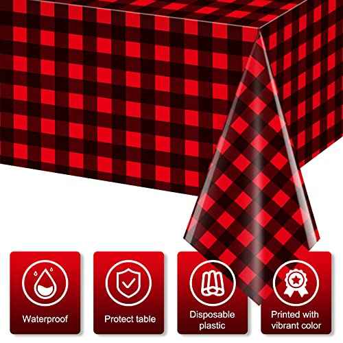 4 Pack Christmas Buffalo Plaid Party Tablecloth Decorations, Disposable Waterproof Red and Black Lumberjack Checkered Plaid Table Cover Backdrop for Christmas Winter Holiday Party Supplies, 54x108Inch