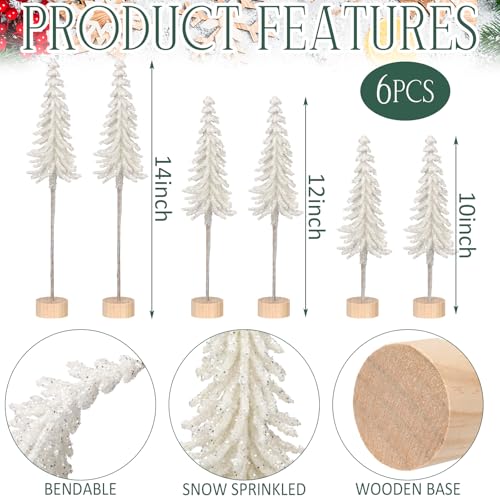 Jetec 6Pcs Mini Christmas Tree Set White with Wood Base Snowy Alpine Tabletop