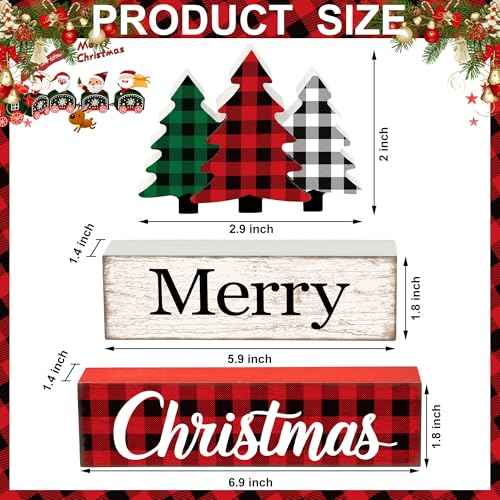 3 Pcs Merry Christmas Table Wooden Decor Christmas Tree Wood Block Sign Xmas Buffalo Plaid Tabletop Centerpiece Xmas Rustic Tiered Tray Decor for Winter Farmhouse Home Kitchen Office Shelf Decoration