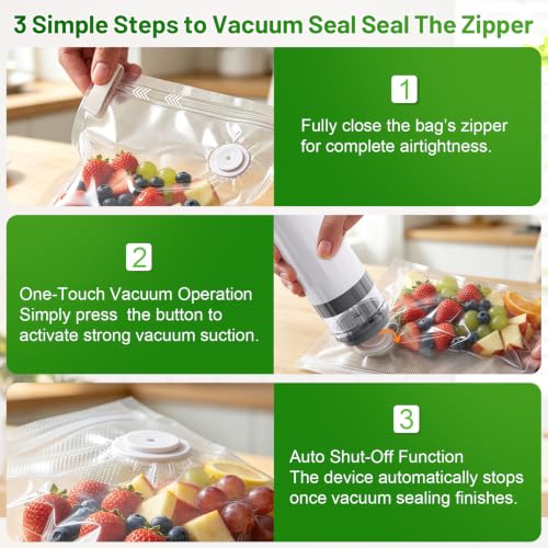 White Handheld Vacuum Sealer for Food Preservation, 65kPa Suction, Reusable Bags