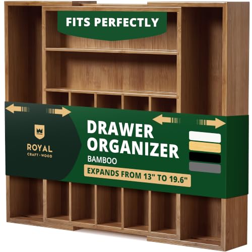 Brown Bamboo Expandable Kitchen Drawer Organizer - Silverware & Utensil Tray with Grooved Dividers, 9 Slots