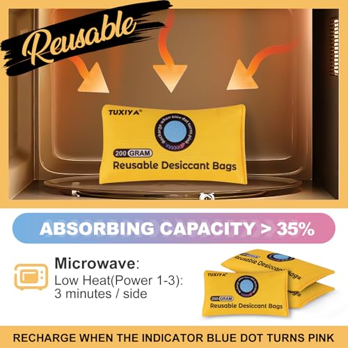 Rechargeable Silica Gel Desiccant Packets 24 Pack 200g Each - Reusable Moisture Absorbers with Indicator