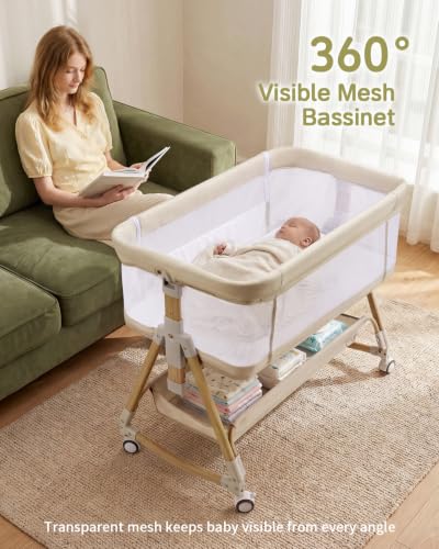 Wnttmt Beige 3-in-1 Baby Bassinet Bedside Crib with Wheels & Adjustable Heights