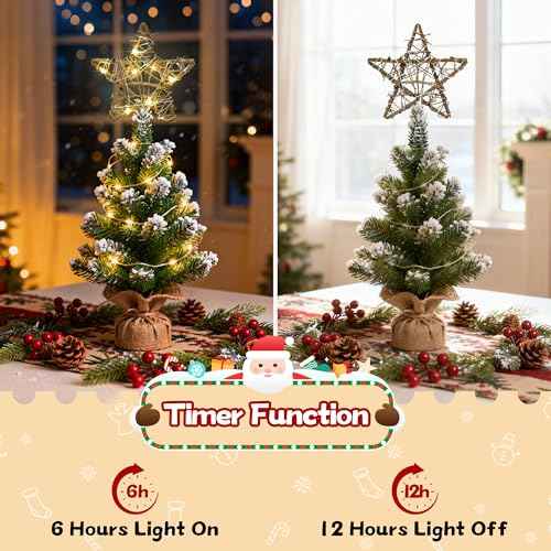 Christmas Tree Topper Rustic Christmas Tree Topper Star 6 Inch, Battery Operated Lighted Rattan Star Warm White Light Christmas Tree Decoration for Small Tabletop Christmas Trees
