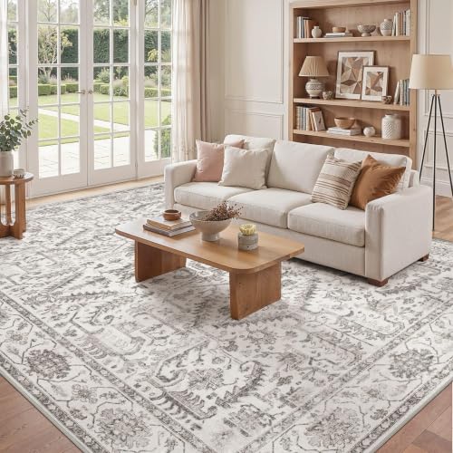 ZUNTKON 7x9 White Washable Area Rug Vintage Style Non-Slip Living Room Carpet