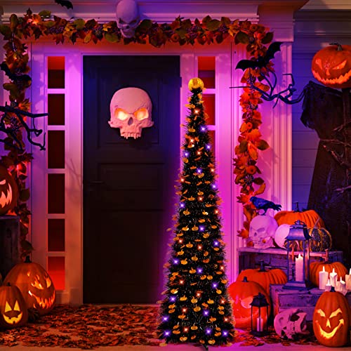 TURNMEON 5ft Black Tinsel Halloween Tree with Lights and Pumpkins