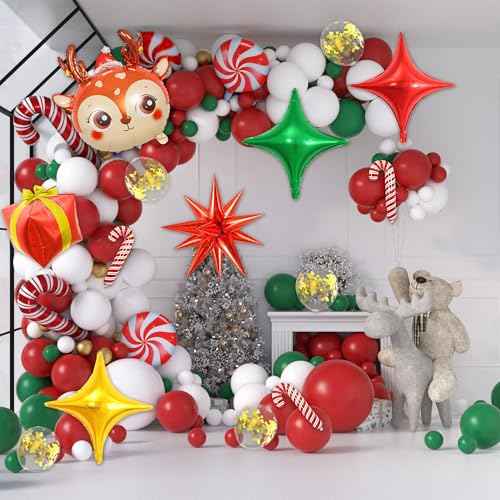 149 PCS Christmas Balloon Garland Arch Kit, Classic Red Green Gold White Latex Christmas Balloons with Gift Box Red Star Candy Cane Foil Balloons for Merry Christmas Party Decorations Supplies