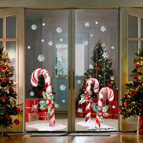 Christmas Window Clings Decor, 2 Sheets Extra Large Candy Cane Window Clings with Red Berry and Holly Leaves, Rustic Candy Snowflakes Xmas Window Stickers for Home Office Holiday Party D?cor