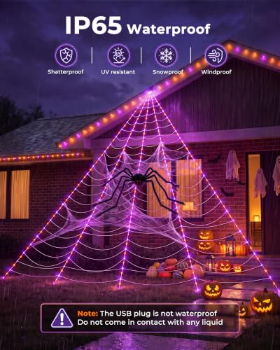 Brightown Halloween Outdoor Decorations - Orange & Purple 255-LED Giant Spider Web Lights Set