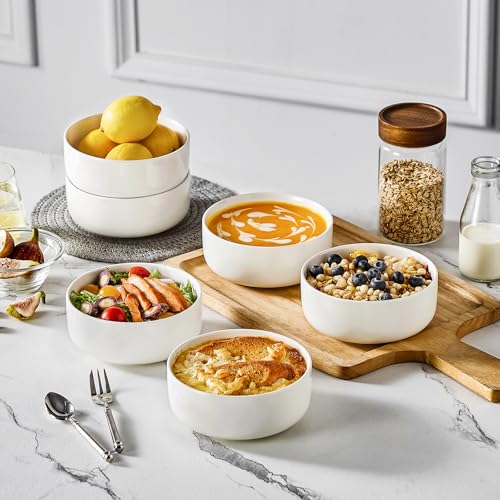 Ivory White Ceramic Cereal Bowls Set of 6, 24 oz Soup & Oatmeal Bowls