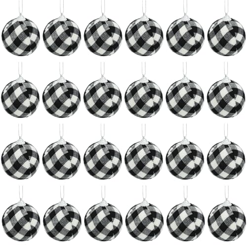 Phedrew 24pcs Buffalo Plaid Christmas Ornaments 2.4" White/Black Hanging Xmas Balls