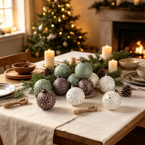 12 Pcs Textured Rustic Christmas Ornaments for Tree – Vintage Brown Green White Balls