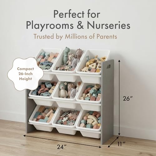 Humble Crew Kids Toy Organizer with 9 Removable Bins, 3-Tier Storage, White & Grey