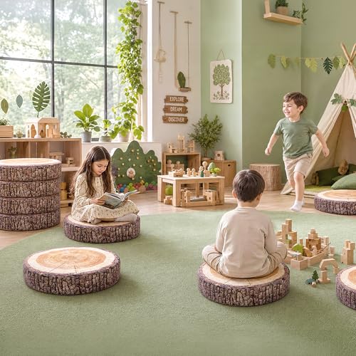 Tree Stump Floor Cushions for Kids 6 Pack - Natural Wood Set, 15 Inch Classroom Seating