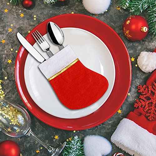 FOIMAS 24pcs Mini Christmas Stockings,Red Felt Christmas Stockings Socks Tableware Holder for Christmas Tree Fireplace Table Home Decoration
