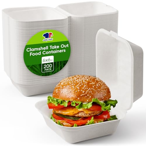 White 6-Inch Sugarcane To-Go Food Containers - 1-Compartment Clamshell, Eco-Friendly, Leak-Proof, 200 Pack