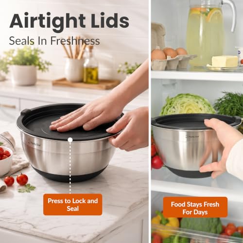 Priority Chef Black 6-Piece Stainless Steel Mixing Bowls Set with Lids, Large 7 Qt, Non-Slip Base & Utensils
