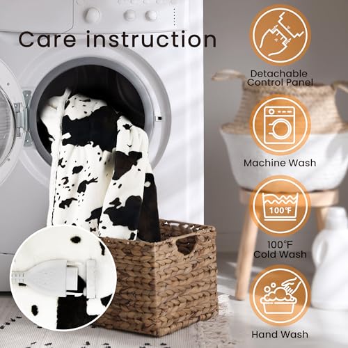 Electric Heated Blanket Queen with 10 Heat Settings & Cow Print, Fast Warm Throw - Black Ombre White, 84" x 90"