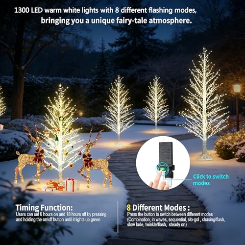 6FT White LED Birch Tree with 1300 Lights, Xmas & Indoor Outdoor Decor
