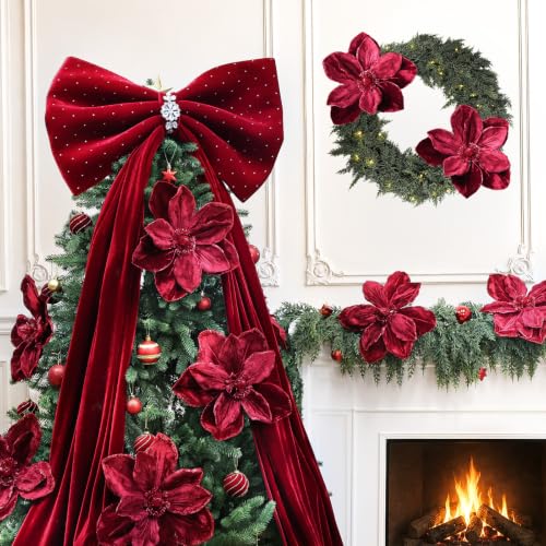 8PCS Burgundy Christmas Magnolia Flowers - Large 12-Inch Holiday Tree Decor