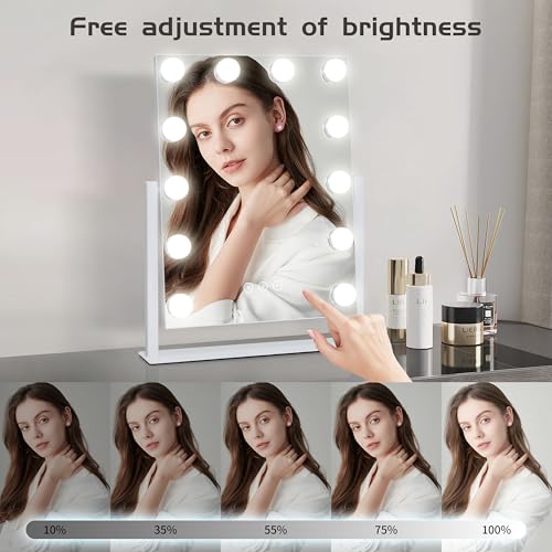 Lighted Vanity Mirror with 12 Dimmable Bulbs, 3 Color Modes, 10X Magnification, 360° Rotation - White, 16.8" L x 13.3" W