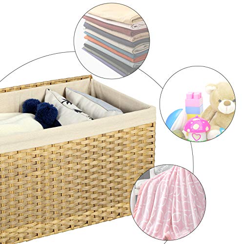 SONGMICS 65L Woven Storage Basket with Lid, Foldable Laundry & Organization Bin