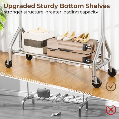 HYSEYY Silver Heavy Duty Clothes Rack | 450 LBS Capacity, Rolling Garment Stand with Shelves & Wheels