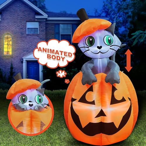 Blue Cat With Pumpkin Inflatable Halloween Decor - 5 FT Animated Outdoor Yard Decoration
