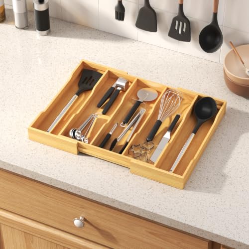 Expandable Bamboo Utensil Drawer Organizer - Natural, Fits 12.6-22.8" W Kitchen Drawer