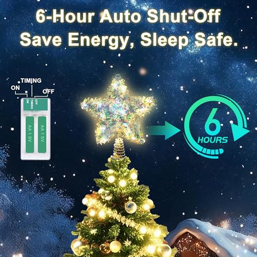 Iridescent Christmas Tree Topper Star - 6 Inch Shiny Holiday Decor with Timer & Warm Lights