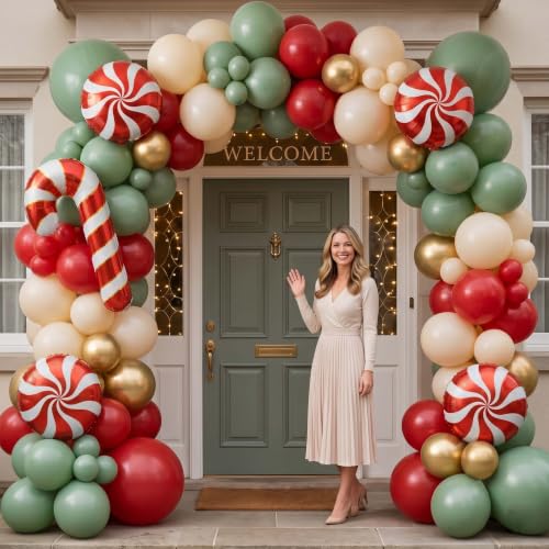 Jenlion 136Pcs Christmas Balloon Arch Kit with Large Mylar Foil Balloons - Red, Sage Green, White