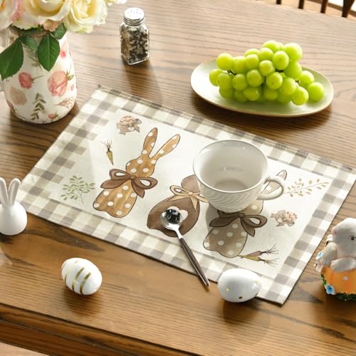 Artoid Mode 12x18 Inch Buffalo Plaid Bunny Easter Placemats Set of 4 – Seasonal Holiday Kitchen Table Decor Brown