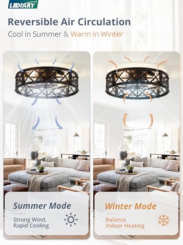 20-Inch Black Caged Farmhouse Ceiling Fan with Light - Flush Mount, Remote & App Control