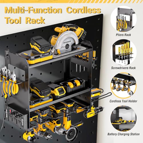 Wall Mount Power Tool Organizer with Charging Station Black - Heavy Duty Drill Rack & Battery Storage