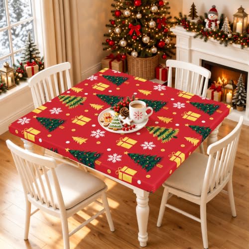 Smiry Christmas Fitted Square Vinyl Table Cover 42x42 Inches, Gold & Red