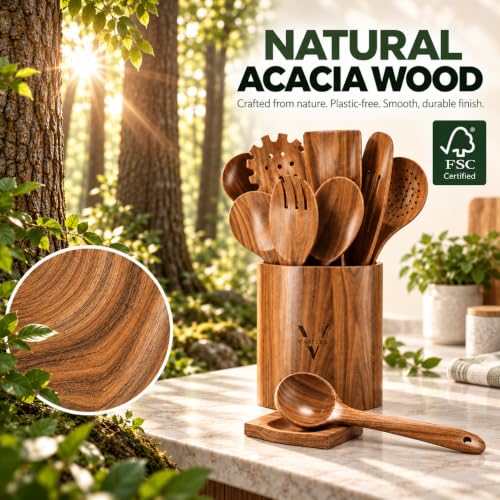 XXL Wooden Utensil Set 13-Piece with Round Holder & Spoon Rest - Acacia Kitchen Tools