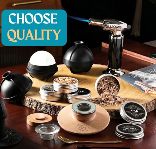 Ritual Life Whiskey Smoker Kit with Glasses & Torch - Includes Flavored Wood Chips & Ice Ball Makers - Perfect Bourbon Drink Set - Variation: Smoker Kit with Glasses