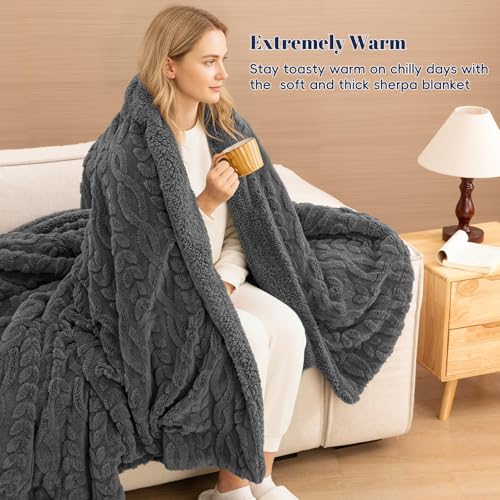 Queen Size Fluffy Sherpa Blanket Dark Grey 90x90 Winter Warm Soft 3D Jacquard